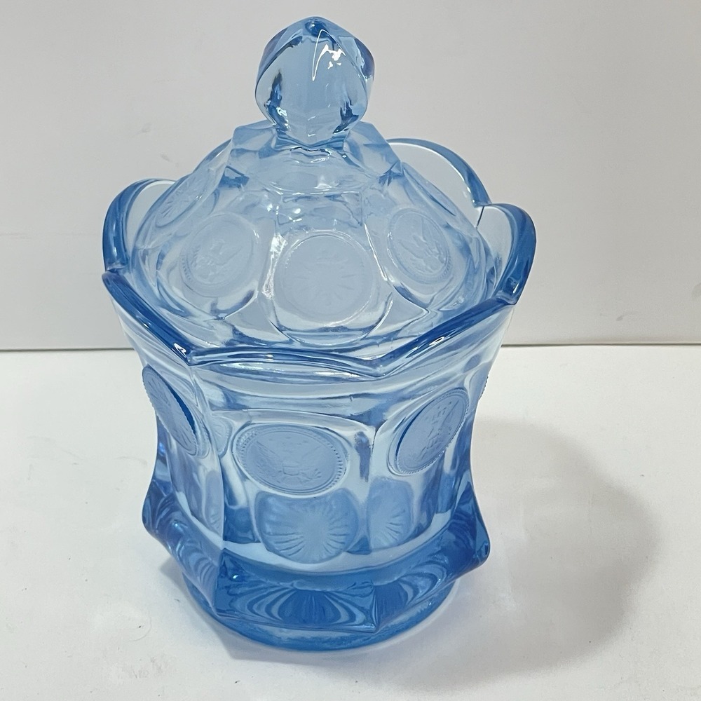 VTG‎ Fostoria Ice Blue Coin Glass Covered Candy Dish  Jar Lid 7"